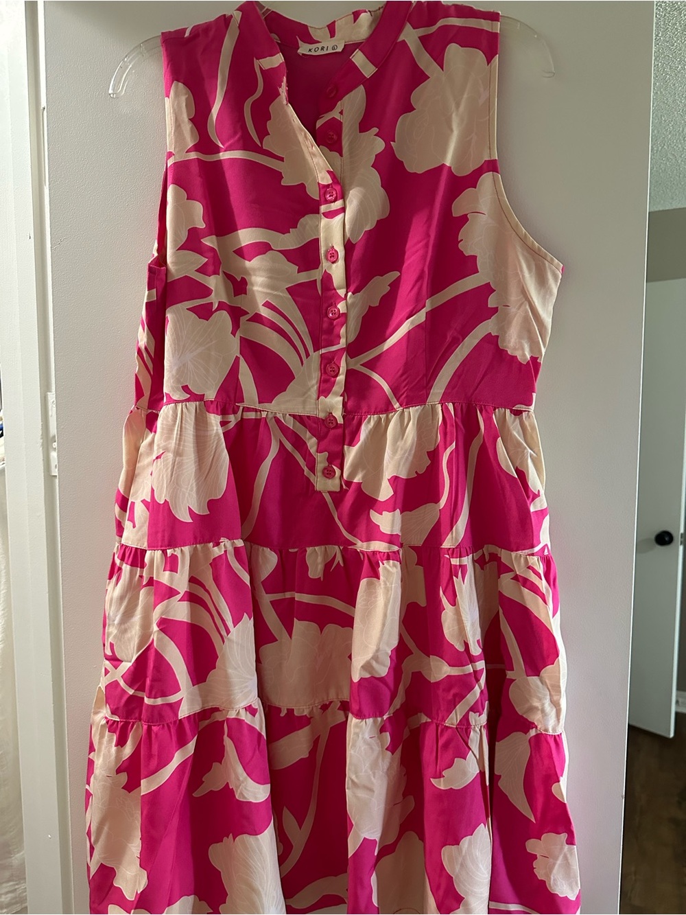 Kori Hot Pink and Cream Floral Tiered Button-Front Dress